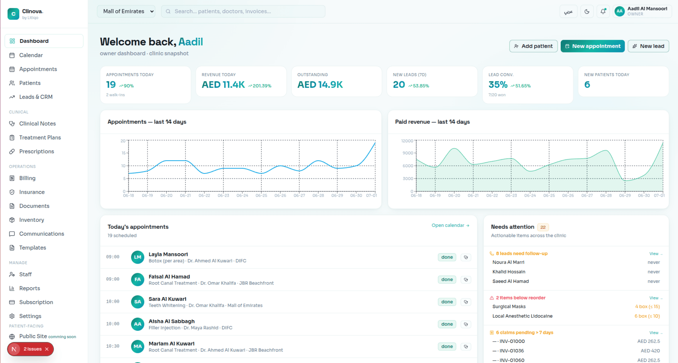 Clinova dashboard preview